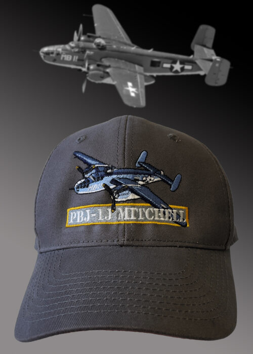 Gray baseball style hat with B-25 Mitchell PBJ logo embroidery