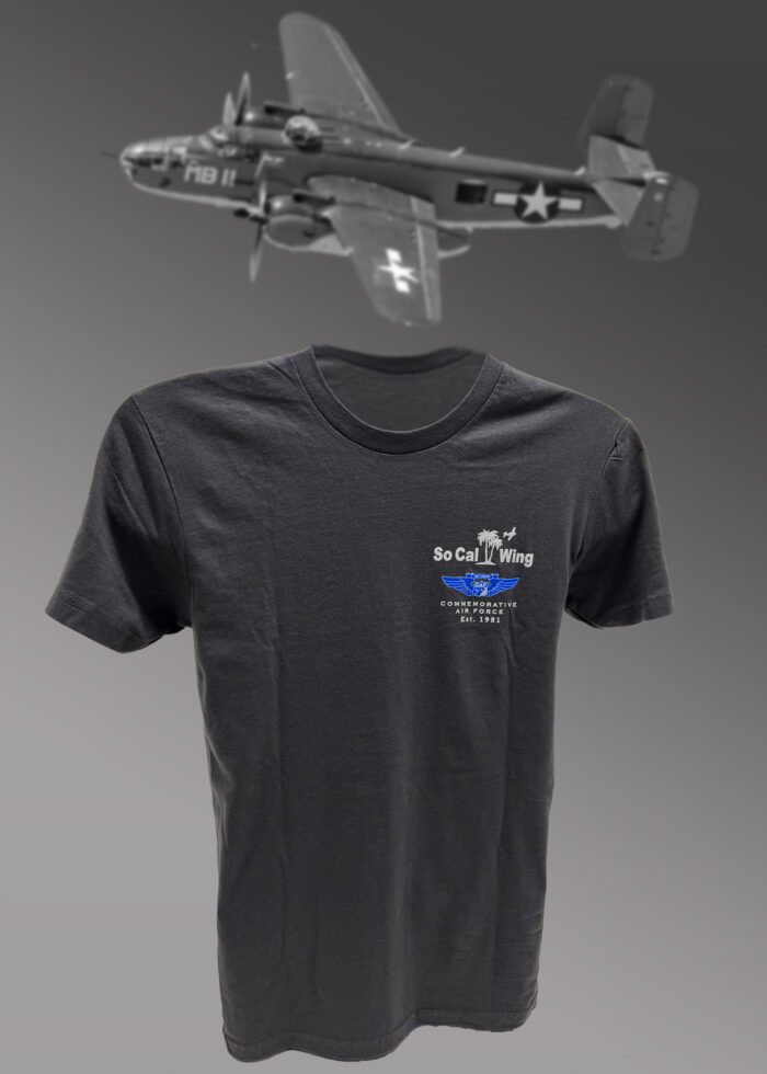 Dark charcoal gray tshirt with the Commemorative Air Force Camarillo Wing logo on the front, and B-25 bomber on the back.